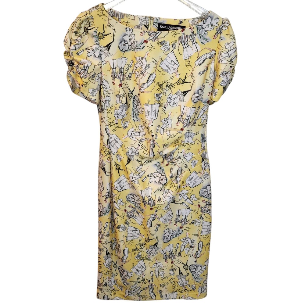 Karl Lagerfeld Paris Yellow Paris Fashion Sketch Draped Sheath Dress NWT Size 6